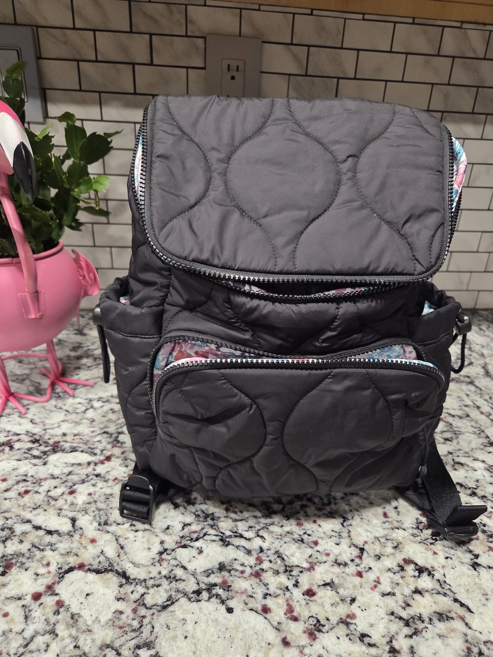 Vera Bradley Quilted Black Backpack with Subtle Floral Trim